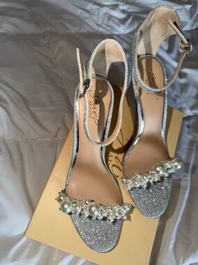 Badgley Mischka Silver Pearl & Crystal Ankle-Strap Heels